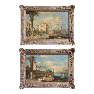 18th Century Italian Oil Landscape Scenes in Carved Silvered Frames - a Pair For Sale