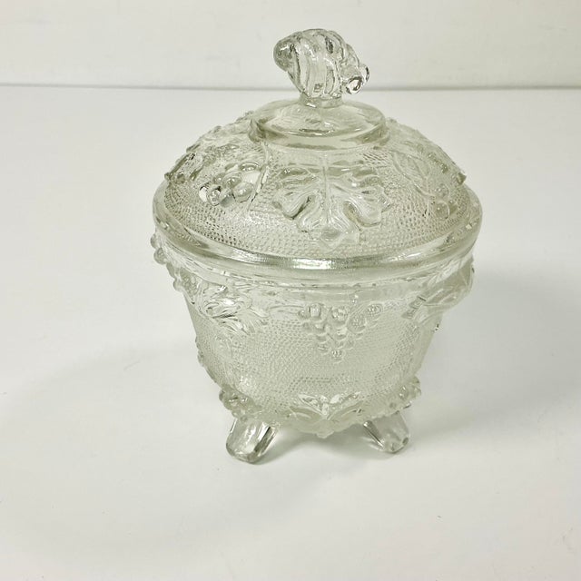 American Early 20th C. Antique Boho Chic Americana Pressed Glass Lidded Footed Candy Dish, Indiana Glass Attributed For Sale - Image 3 of 9