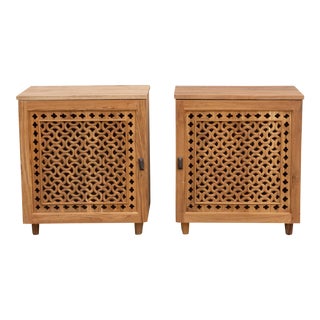 Pair of Carved Teak Jali Nightstands For Sale