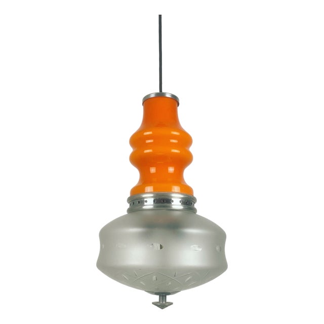 Mid-Century Orange & Frosted Glass Pendant Lamp from Targetti, Italy, 1970s For Sale