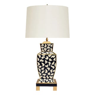 Matthew Izzo Home Bianca Handpainted Black and Cream Metal Tole Leopard Table Lamp With Brass Base and Linen Shade For Sale