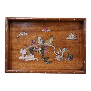 Vintage Chinese Huali Rosewood Tea Tray | Mother-of-Pearl Inlaid Magpie & Plum Motif For Sale