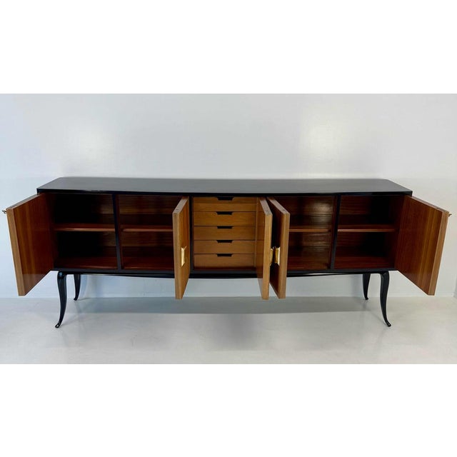 Art Deco Italian Lacquer Walnut and Gold Leaf Sideboard attributed to Osvaldo Borsani, 1950s For Sale - Image 9 of 12
