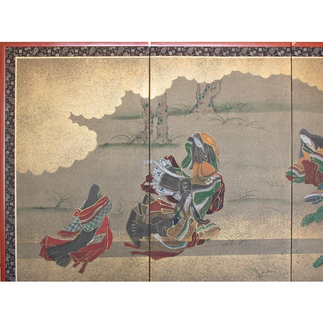 "Dancing Kimono Beauties", C. 1960s Shōwa Era Yamato-E Style Painted Byobu Screen For Sale - Image 4 of 18