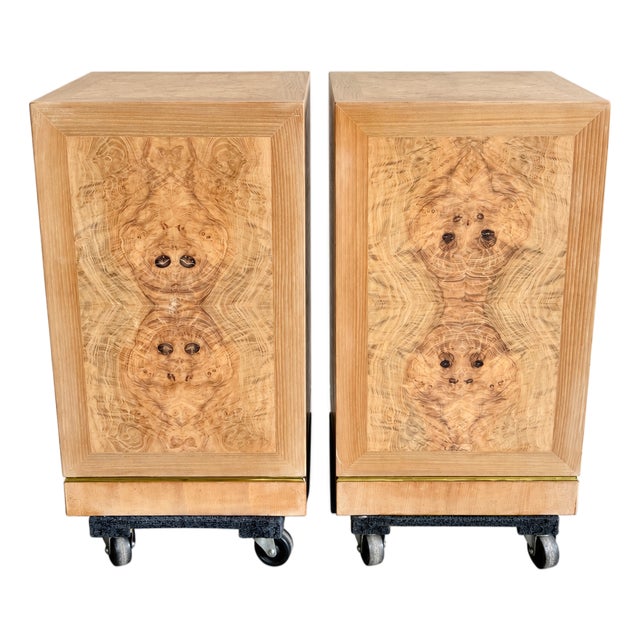 Vintage Drexel Heritage Book-Matched Burlwood & Brass Pedestals - Pair For Sale