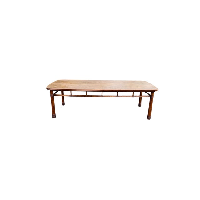 Brown Vintage Faux Bamboo Fruitwood Cocktail Table With Geometric Veneer Top For Sale - Image 8 of 9