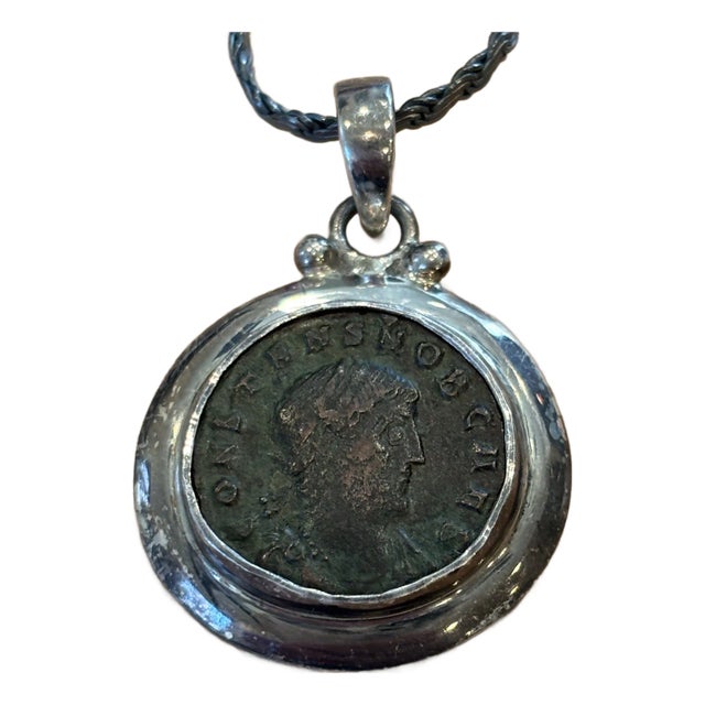 Antique Roman Coin Pendant W Smooth Silver Bezel Setting For Sale