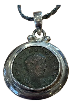 Antique Roman Coin Pendant W Smooth Silver Bezel Setting