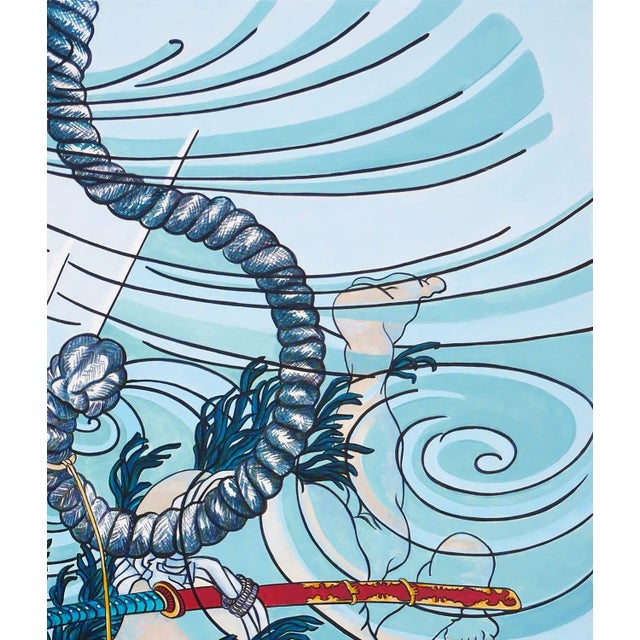 1990s Large Blue Painting of “Wakashima Gonemon Swimming Underwater” Ukiyo-E Print by Unknown Artist For Sale - Image 4 of 12