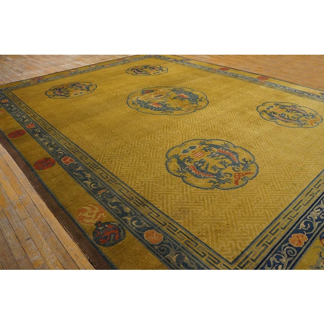 Art Deco 1920s Yellow Gold Dragon Antique Chinese Rug 12' X 15'6"handknotted Wool Carpet For Sale - Image 3 of 14