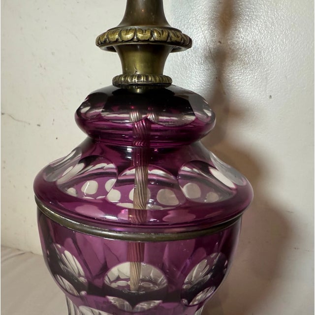 Antique Cut to Clear Bohemian Czech Purple Clear Glass Crystal Bronze Table Lamp For Sale - Image 12 of 14