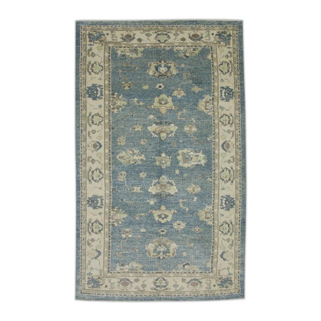 Textile Early 21st Century Blue Floral Design Handwoven Wool Turkish Oushak Rug 5'2" X 8'3" For Sale - Image 7 of 7