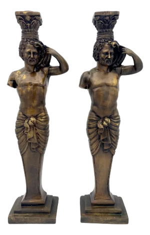 Large Grand Tour Style Bronze Male Caryatid Column Candlesticks - a Pair