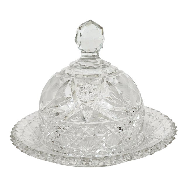 Antique American Brilliant Cut Covered Glass Cheese Plate Dish & Bell For Sale