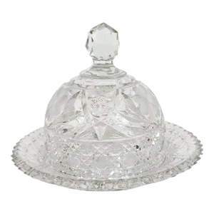 Antique American Brilliant Cut Covered Glass Cheese Plate Dish & Bell