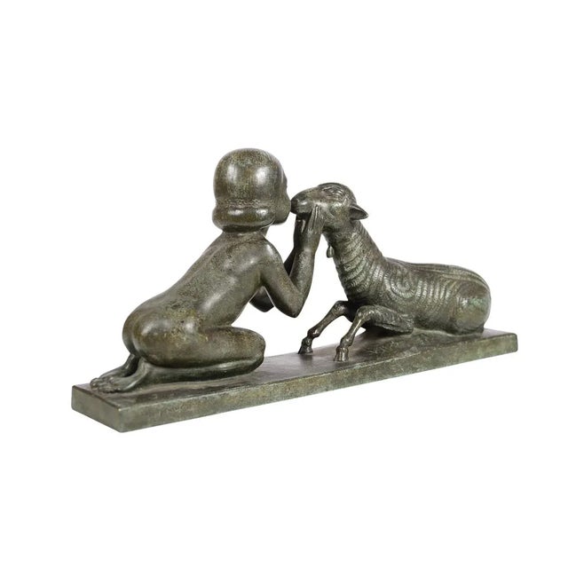 'Girl Kissing a Lamb' Art Deco Bronze Sculpture For Sale In Los Angeles - Image 6 of 9