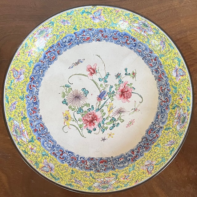 Metal Antique 18th C. Chinese Qianlong Period (1736 - 1795) Canton Dish Painted Enamel on Copper With Flowers, Cricket and Bat For Sale - Image 7 of 13