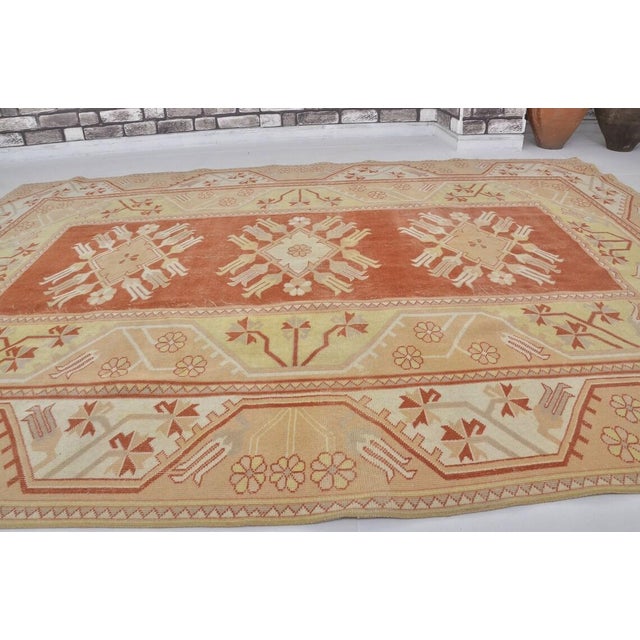 Vintage Hand-Knotted Anatolian Wool Rug With Geometric Floral Medallions, Terracotta and Cream For Sale - Image 4 of 10