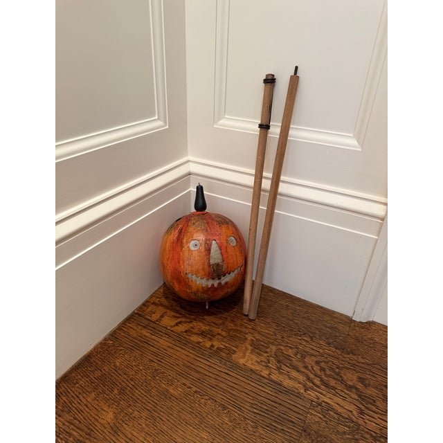 Pumpkin Vintage Metal Pumpkin Head Lantern on Wooden Pole For Sale - Image 8 of 12