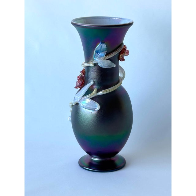 Iridesed Black Glass Vase with Sculpture Glass Flowers by Loetz For Sale - Image 6 of 9