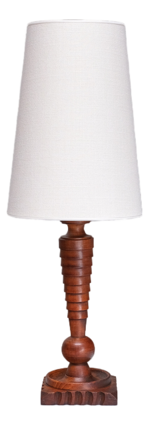 French Art Deco Tall Sculptural Table Lamp in Turned Oak with Ivory Shade, 1920s