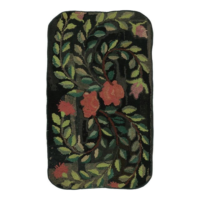 Antique Hooked Runner With Striking Flowers & Vinery in Red & Green - Rug & Kilim For Sale