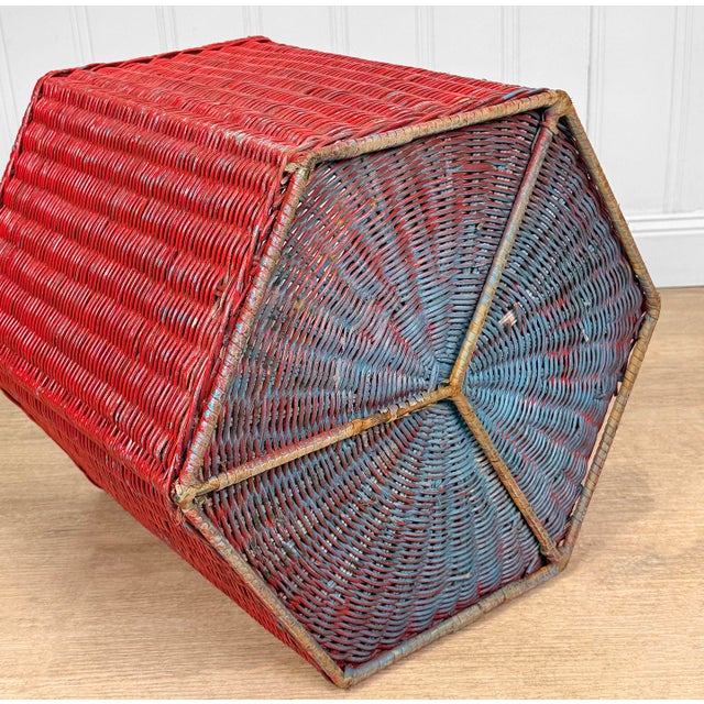 Vintage Coastal Boho Red Wicker Octagonal Basket Hamper For Sale - Image 10 of 10