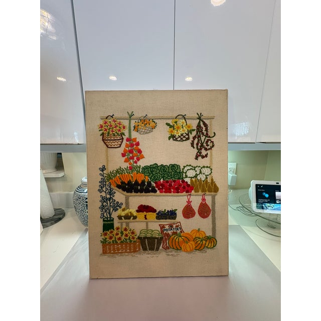 Farmhouse Vintage Nancy Meyers Style Crewel Embroidered Farmers Garden Market Still Life Wall Art For Sale - Image 3 of 14