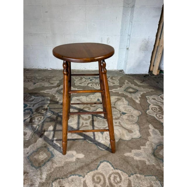 Vintage Early American Shaker Style Oak Wood Bar Stools. Set of 5 For Sale - Image 9 of 12