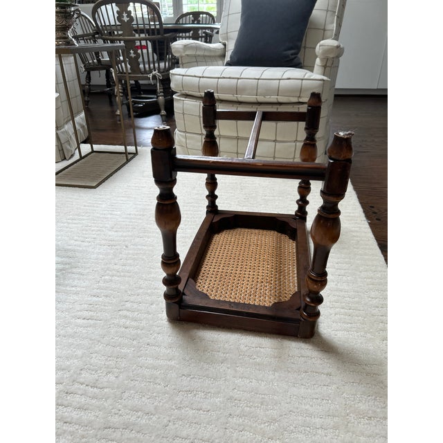 1920s Berkey & Gay Jacobean Revival Burl Walnut Kneehole Desk/Vanity With Glass Top & Stool, Vintage, Maker's Mark For Sale - Image 9 of 16