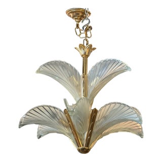 Vintage French Art Deco Frosted Glass Bronze Palm Tree Leaf Feather Chandelier For Sale