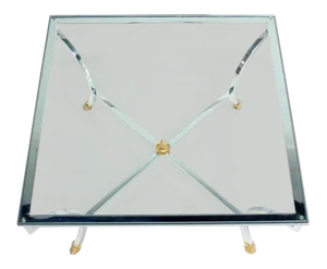 Mid-Century Modern Hoof Brass Feet Chrome and 3/4" Glass Square Coffee Table