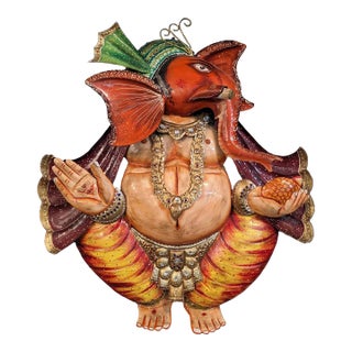 1910sLord Ganesha Metal Wall Art | Large 36" Hand Painted Ganpati Sculpture | Indian Spiritual Home Decor For Sale