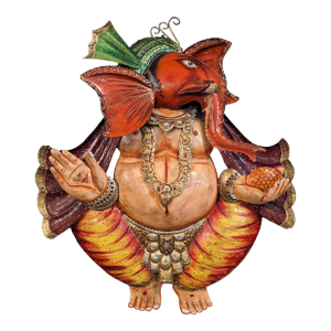 1910sLord Ganesha Metal Wall Art | Large 36" Hand Painted Ganpati Sculpture | Indian Spiritual Home Decor