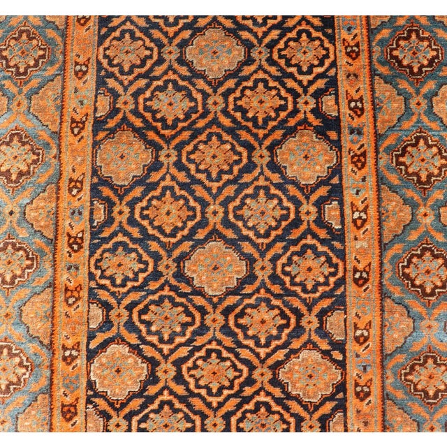 Orange Antique Persian Khorasan Runner With All-Over Design in Blues, and Orange For Sale - Image 8 of 12