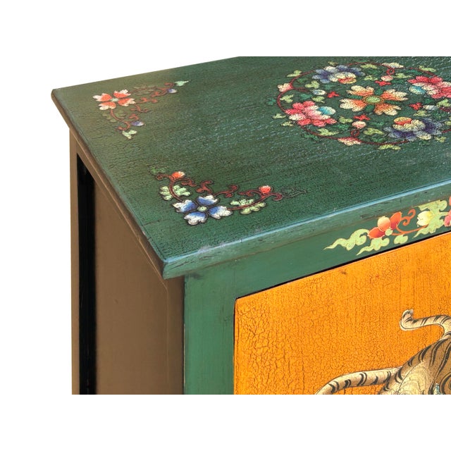 Tibetan Style Green Orange Two Tigers End Table Nightstand For Sale - Image 11 of 12