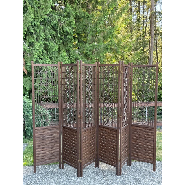 Vintage Japanese Mid-Century Modern Teak Shoji Six-Panel Folding Room Divider | Kumiko | 1960 Excellent vintage condition...