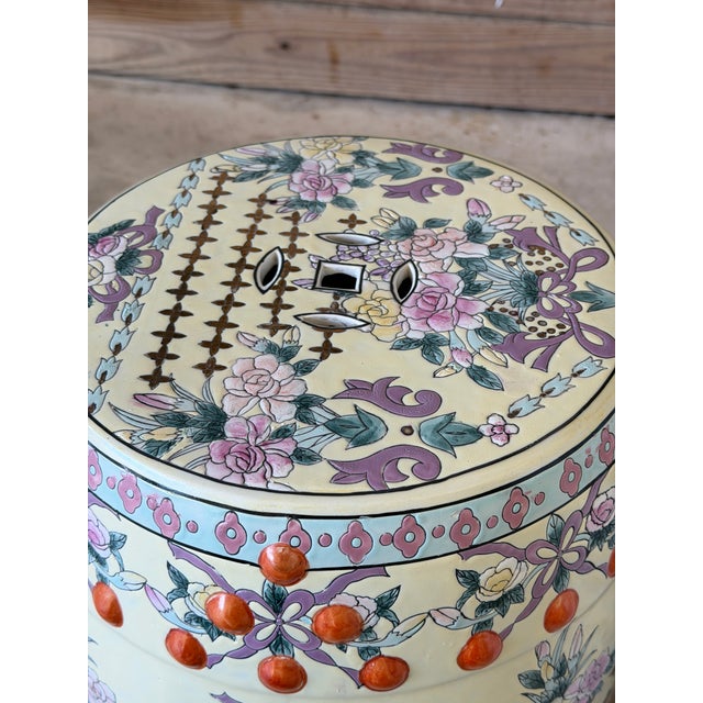 Late 20th Century Chinoiserie Chinese Export Ivory Ground Famille Rose Porcelain Garden Stools-Pair For Sale - Image 4 of 12