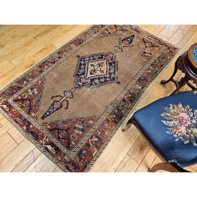 Vintage Persian Malayer Area Rug, Hand-Knotted Wool, Geometric Medallion Pattern, Camelhair & Red, 4x7 For Sale - Image 4 of 16