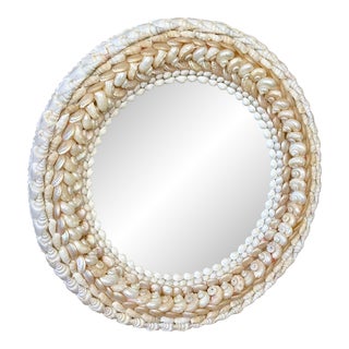 Coastal Handmade Seashell Encrusted Round Wall Mirror For Sale