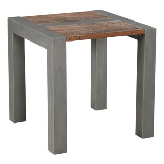 1990s Industrial Reclaimed Wood Side Table | 24" Square Metal End Table | Rustic Farmhouse Nightstand | Modern Sustainable Living Room Furniture For Sale