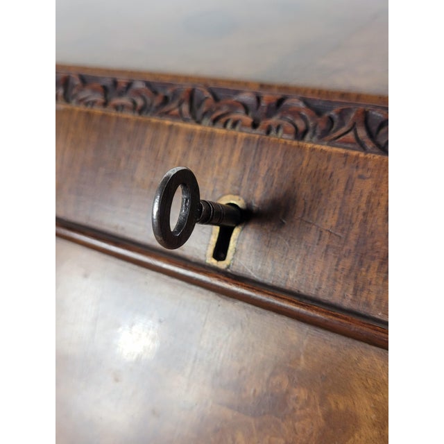 Antique Edwardian Secretary with Drawers in Carved Walnut and Leather, 1910 For Sale - Image 3 of 18