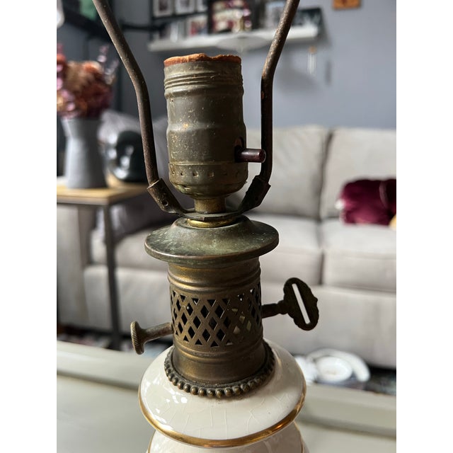 Vintage Ivory Porcelain Floral Oil Brass Lamp Converted to Electric Lamp 20” For Sale - Image 4 of 8