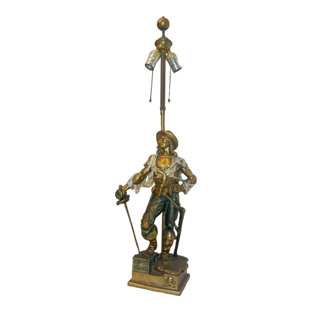 Huge Antique Patinated Bronze Clad Captain Kidd Pirate Figural Table Lamp For Sale