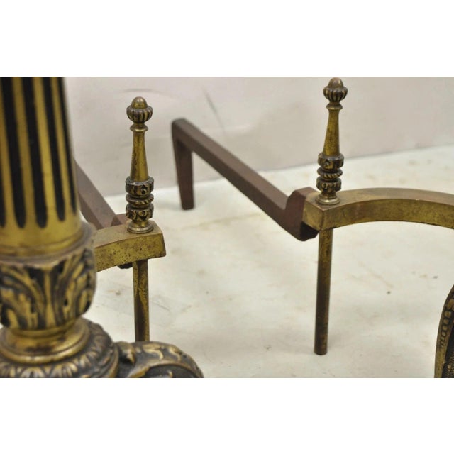 Antique French Empire Style Bronze Column Flame Finial Fireplace Andirons - Pair For Sale - Image 9 of 11