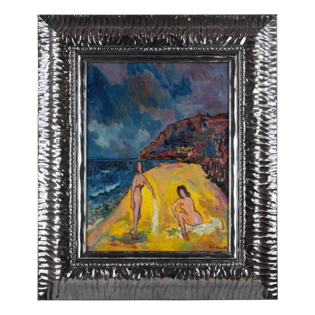 Sirio Pellegrini, Nudes on the Beach, Oil on Board, 1961 For Sale