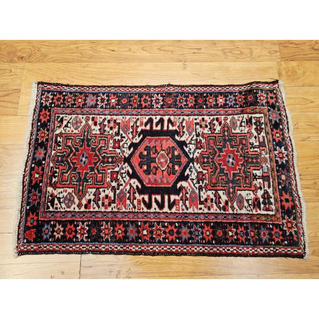 Persian Vintage Persian Heriz Karajeh Rug, Hand-Knotted Wool, Geometric Pattern, Red & Ivory, 2x3 For Sale - Image 3 of 12