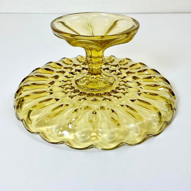 Yellow 1940s Art Deco Boho Chic Hollywood Regency Indiana Glass Depression Yellow Cake Stand For Sale - Image 8 of 11
