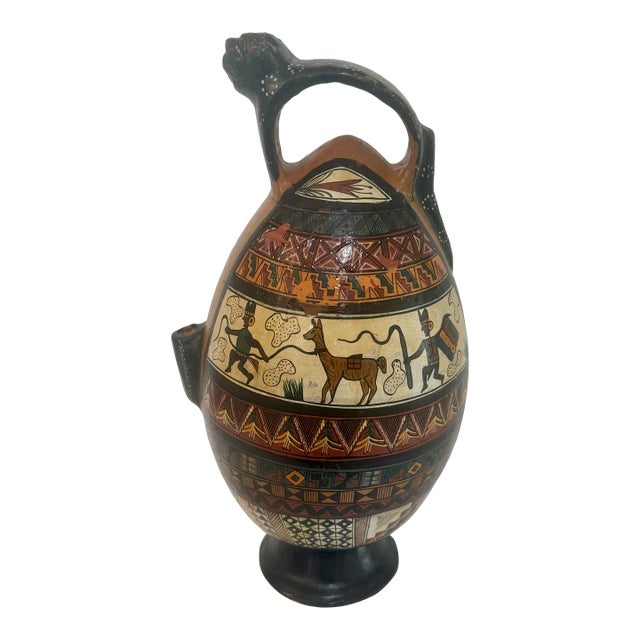 Mid 20th Century Large Peruvian Folk Art Pottery Vase With Jaguar Handle & Llama Motif 14” Tall For Sale