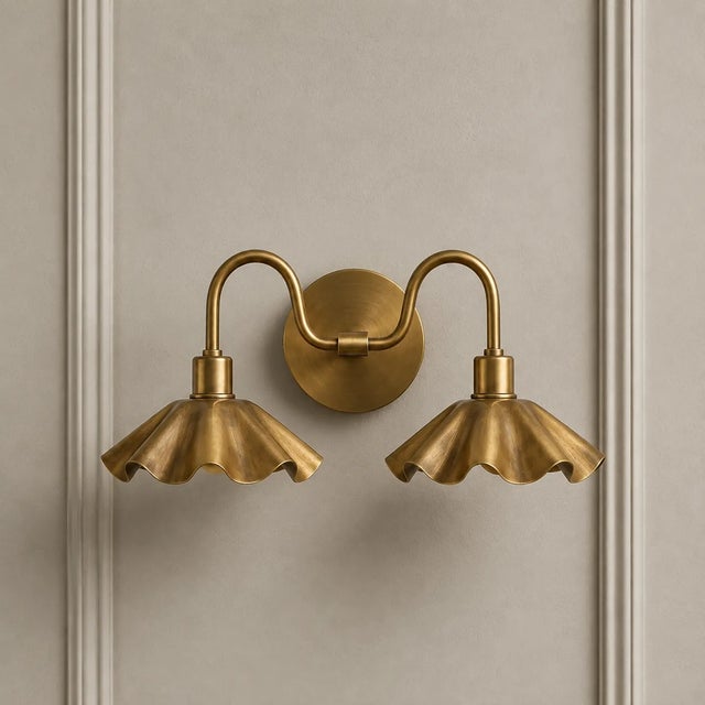 Brass 2-Light Vanity Sconce With Scalloped Shades, Bathroom Wall Light, Brass Swan-Neck Wall Sconce For Sale - Image 4 of 8